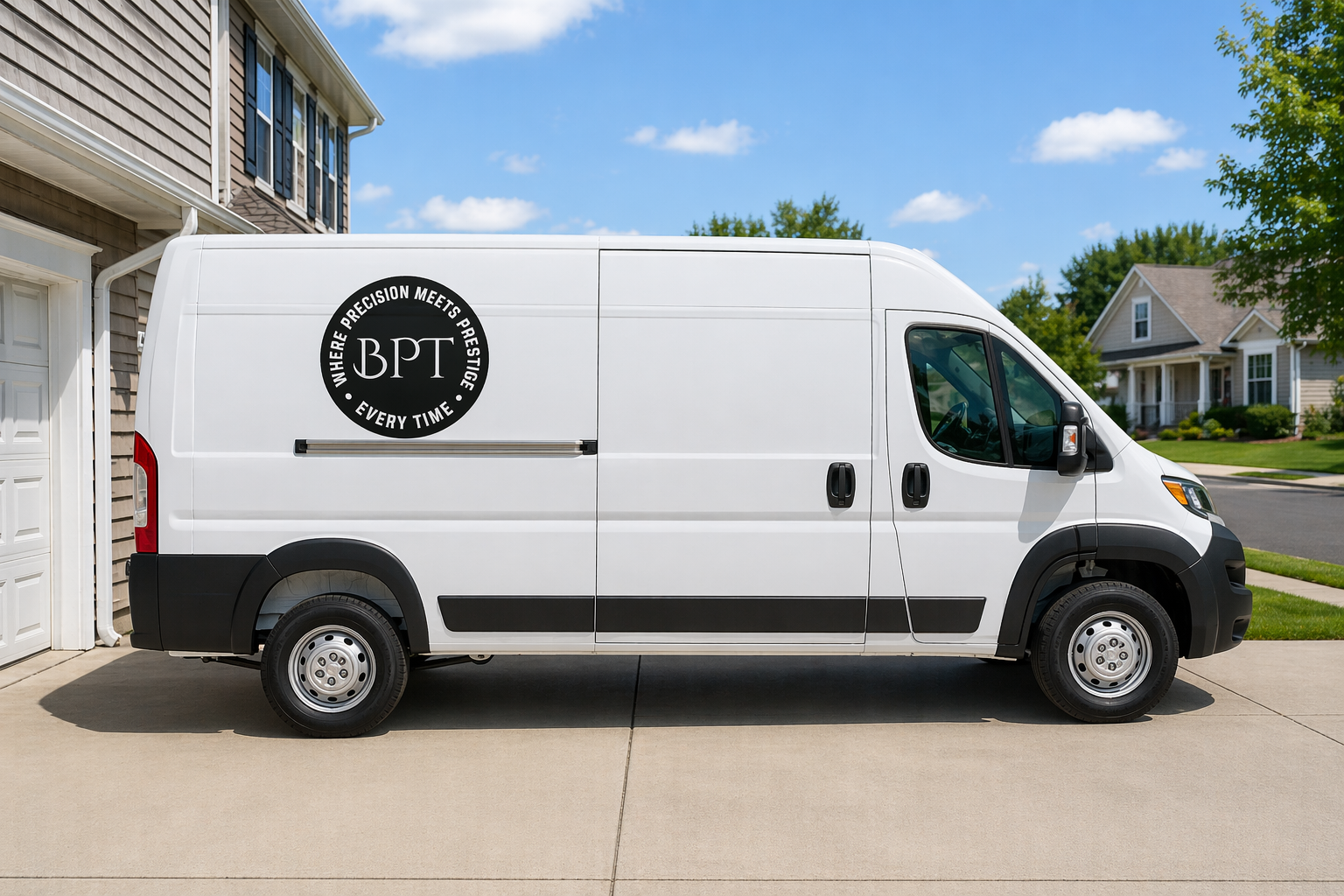 Blackwood Prestige Transport Ram ProMaster cargo van in daylight, featuring the BPT circular badge on the side panel